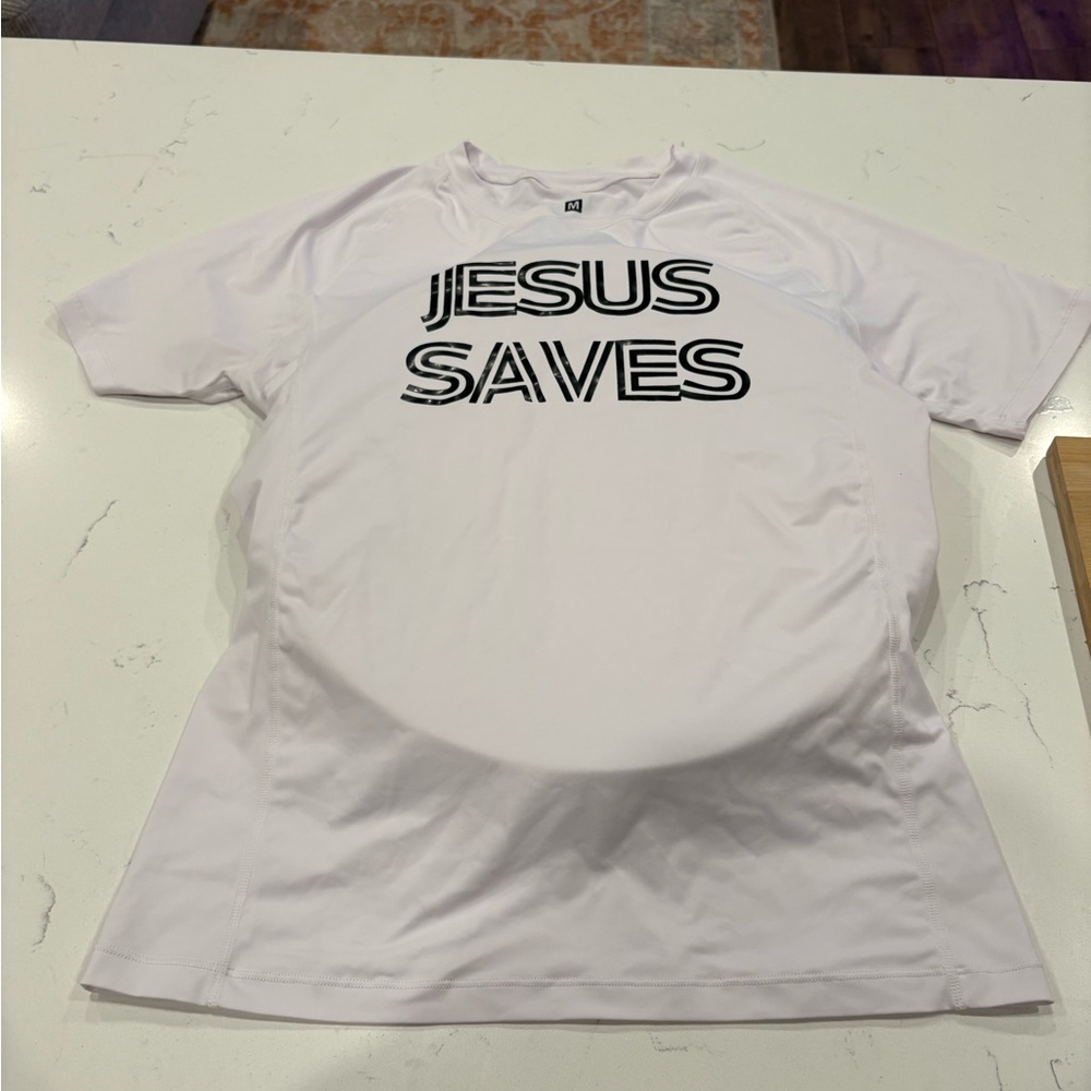 White T-Shirt with 'Jesus Saves' Print